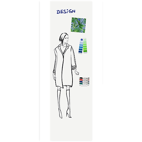 Fashion design illustration. A woman in a coat, with patterns and color palettes next to her.