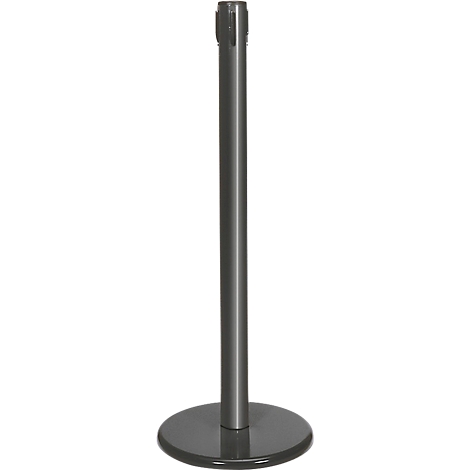 A grey stanchion with a round base. The post has a cylindrical shape and a recess at the top.