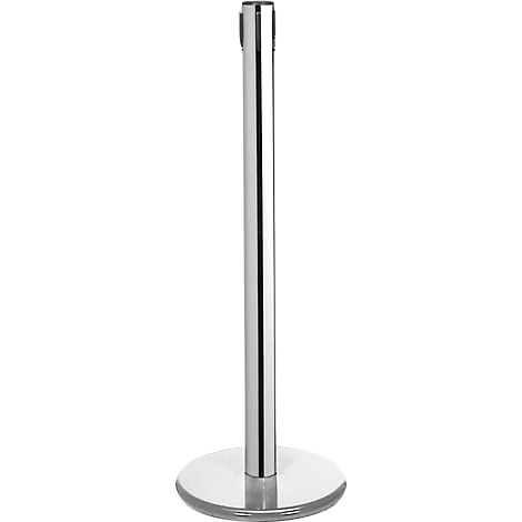 A polished, shiny metal stanchion with a round base.