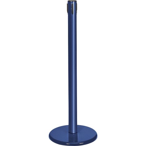 Blue stanchion with round base. Upright, ideal for queues or barriers.