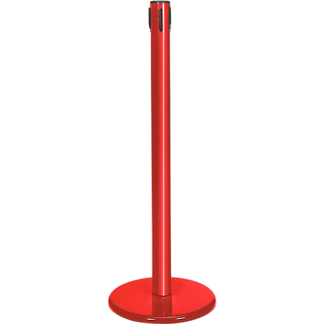 Red stanchion. A red, cylindrical tube stands on a round foot. At the top are four recesses.