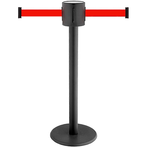 Black barrier post with red strap, metal base, front view.