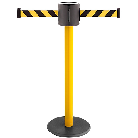 Yellow and black barrier tape, standing on a black base. Bollard has a black head.