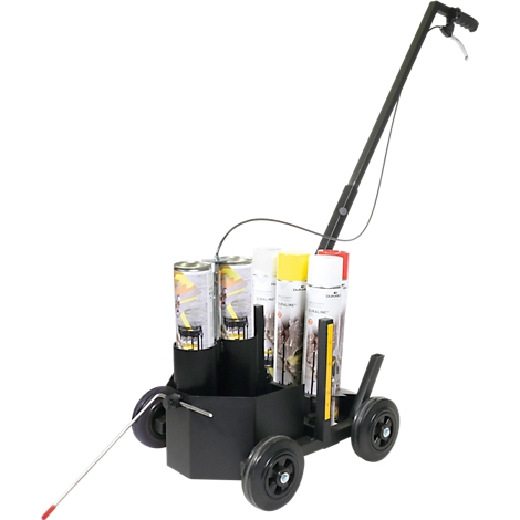Schwarzer Markierungswagen mit Sprühdosen; langer Griff und vier Räder.
