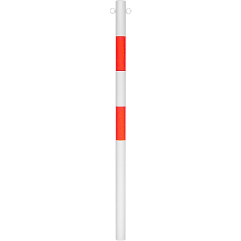 White post with two red stripes, chain at the top.