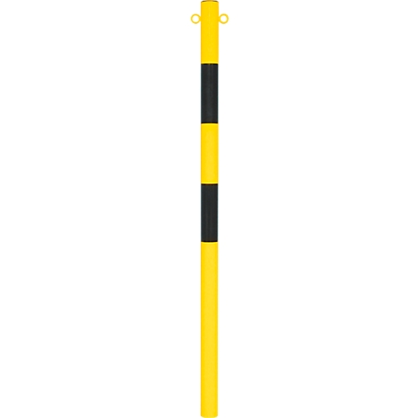 Yellow bollard with two black stripes. At the top, two round, metal-colored rings.