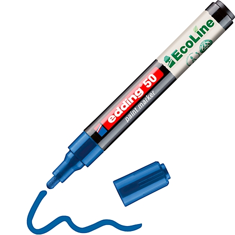 Marqueur Edding bleu avec bouchon ouvert et une trace d'encre bleue.