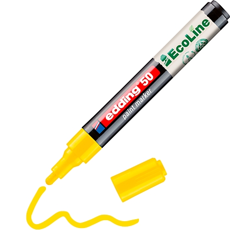 Marqueur de peinture Edding 50 jaune avec bouchon ouvert et traits de peinture. Inscription: EcoLine.