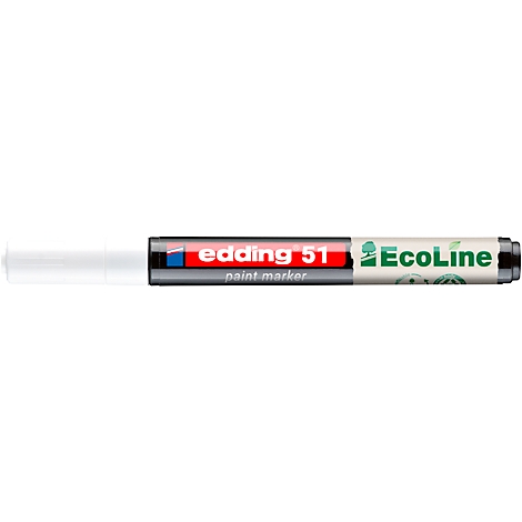 Un marqueur Edding 51 Ecoline blanc. Le stylo a des éléments rouges, bleus et verts.