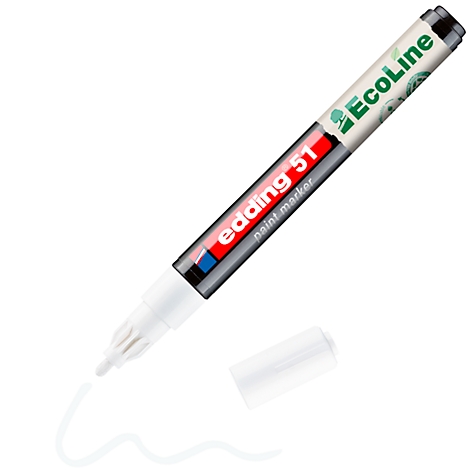 Marqueur de peinture blanc Edding 51 avec bouchon et trait sur fond blanc. Étiquette : Edding 51 paint marker, Ecoline.