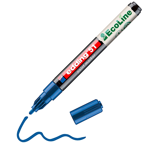 Marqueur Edding bleu avec capuchon dévissé et trait de couleur. Inscription : edding 51, Ecoline.