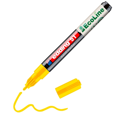 Marqueur Edding jaune avec capuchon ouvert et lettrage en couleur. Une ligne jaune est tracée.