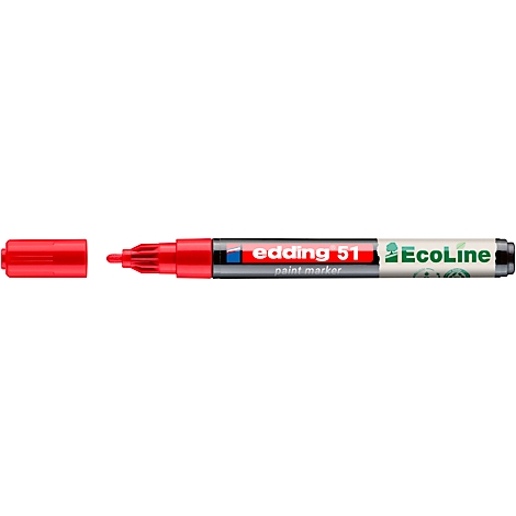 Un feutre rouge Edding avec le bouchon ouvert, révélant le stylo; inscription "edding 51 paint marker EcoLine".