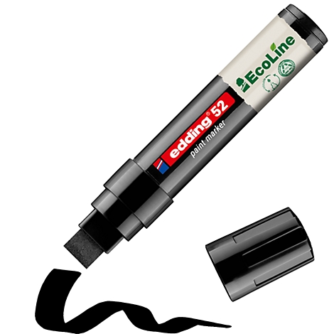 Marqueur de peinture Edding 52 noir avec bouchon ouvert et trait de peinture.
