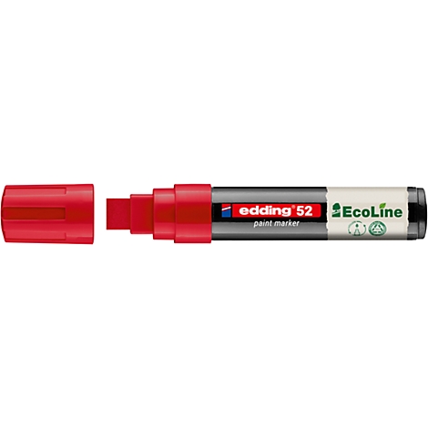 Marqueur Edding rouge, capuchon à côté. Inscription : Edding 52, Ecoline, Paint Marker.