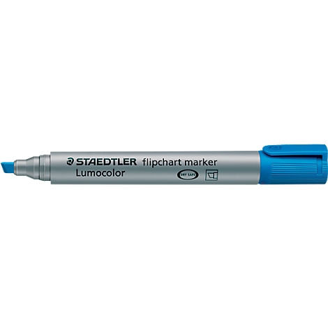 Marqueur de flipchart Staedtler bleu avec lettrage et extrémité bleue.