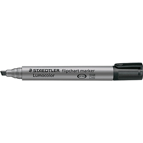 Marqueur pour tableau de conférence STAEDTLER gris avec pointe et capuchon noirs. Inscription : Lumocolor.
