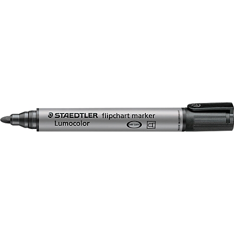 Marqueur pour tableau de conférence gris de la marque Staedtler. Inscription : Lumocolor, marqueur pour tableau de conférence. Pointe noire, capuchon noir.
