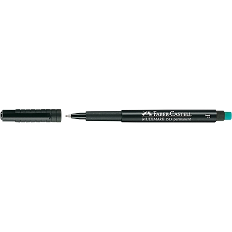Gros plan sur un marqueur permanent noir Faber-Castell avec un capuchon vert et un capuchon retiré.