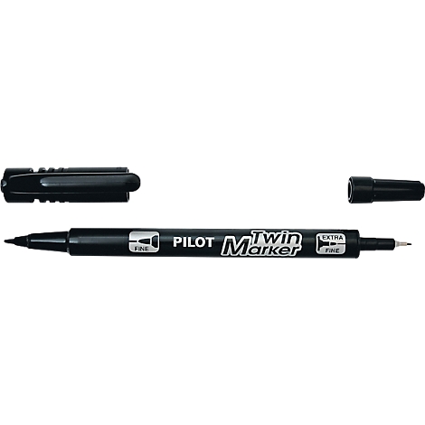Marqueur noir Pilot Twin Marker avec capuchons retirés, montrant une pointe fine et une extra fine.
