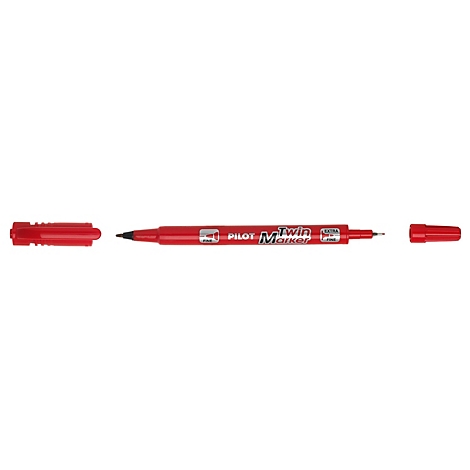 Un marqueur rouge Pilot Twin avec deux capuchons et des pointes à deux extrémités sur fond blanc.