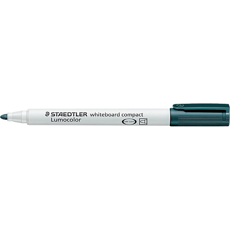 Un marqueur pour tableau blanc vert Staedtler avec texte. Le stylo a un manchon blanc et un capuchon vert.