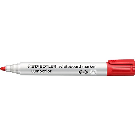 Marqueur pour tableau blanc STAEDTLER blanc et rouge avec capuchon et pointe rouges. Inscription : Lumocolor.