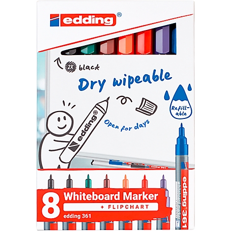 Un paquet de huit marqueurs effaçables à sec Edding, un croquis tenant un stylo et le texte : "Dry wipeable".