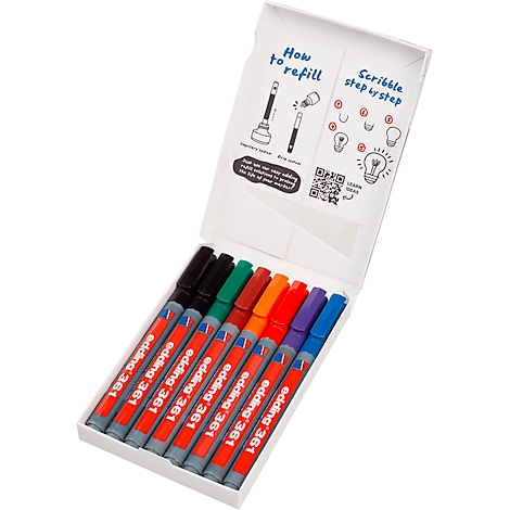 Une boîte ouverte de stylos Edding colorés. Sur le couvercle, un guide sur la façon de remplir et un code QR.