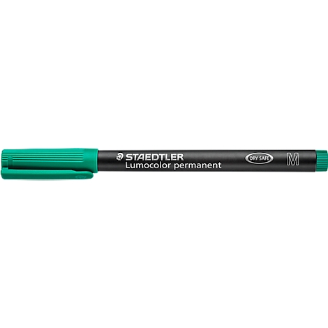 Un marqueur permanent Staedtler Lumocolor vert. Corps noir avec lettrage blanc. La pointe est vert clair.