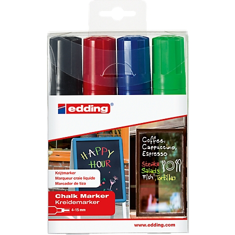 Emballage de quatre marqueurs à craie Edding en noir, rouge, bleu et vert. L'emballage montre des exemples d'utilisation sur des tableaux noirs.