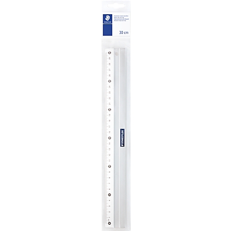 White plastic ruler with black markings, manufacturer Staedtler. Blue logo at the top and the words 30 cm.