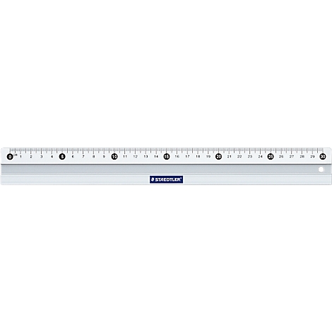 Ruler with white body, black numbers and markings. The Staedtler logo is visible.