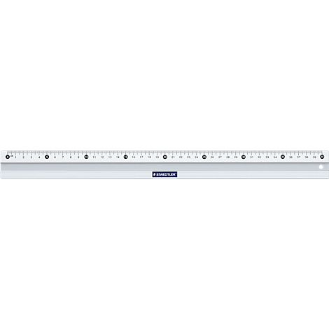 Ruler with black markings in centimeters. An inscription of "STAEDTLER" is attached to the bottom.