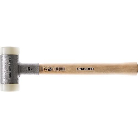 Un maillet blanc et gris avec un manche en bois. "SUPERCRAFT" est écrit sur la tête du maillet. Le manche porte l'inscription "HALDER".