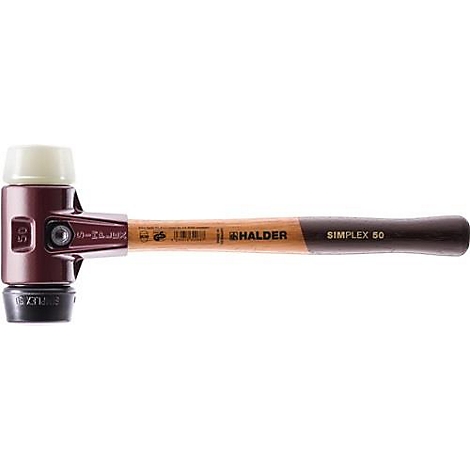 Un marteau Simplex avec une tête rouge, une pièce de tête claire et un manche en bois. La poignée est marquée de 'HALDER SIMPLEX 50'.
