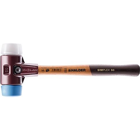 Un maillet Simplex avec des têtes d'impact blanches et bleues, un manche en bois et l'inscription "SIMPLEX 50".
