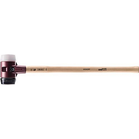 Un maillet rouge et noir avec un manche en bois clair et une tête blanche. Le manche porte les inscriptions "Hickory" et "Simplex".
