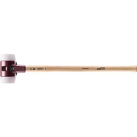 Un maillet avec une tête en plastique blanc, une tête de marteau brun rougeâtre et un manche en bois brun clair. Sur le manche, il est écrit "HICKORY SIMPLEX".