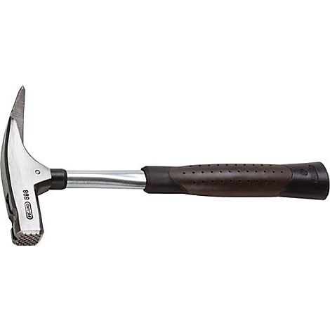 Vue latérale d'un marteau de géologue. Il est doté d'une tête pointue, d'une griffe à clou et d'une tête de marteau rainurée.