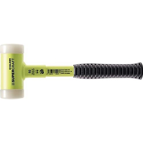 Marteau Supercraft jaune avec manche noir et faces de frappe blanches, portant les mots "HALDER SUPERCRRAFT".