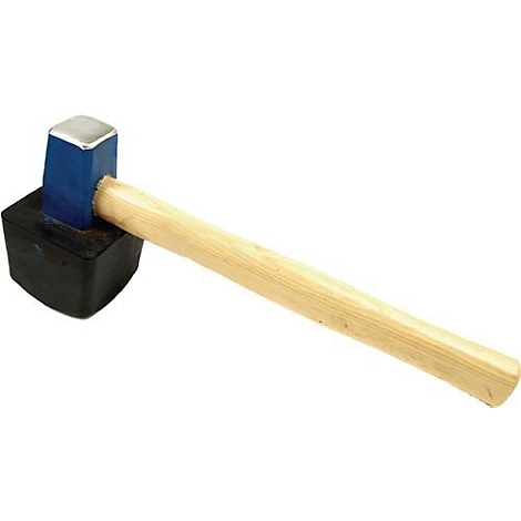 Un maillet en caoutchouc bleu et noir avec un manche en bois, sur fond blanc.