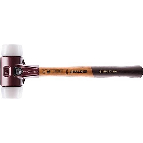 Un marteau de Halder, avec une tête blanche et un boîtier rouge. Le manche est marron, avec l'inscription SIMPLEX 50.
