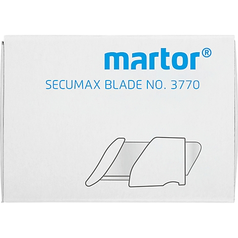 Witte verpakking met blauw Martor-logo, de tekst SECUMAX BLADE NO. 3770 en een lijntekening van een mesje.