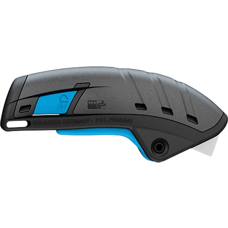 Ein schwarzes, blau akzentuiertes Cutter-Messer. Aufschrift: Solingen Germany.