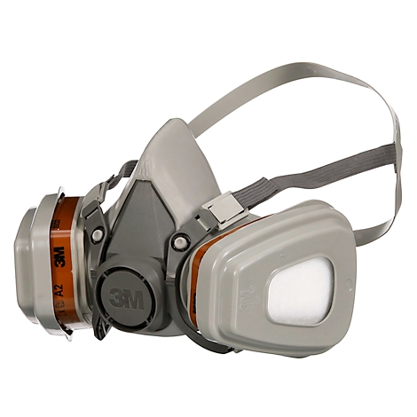 Masque respiratoire gris avec filtres et sangles. Le logo 3M est clairement visible.
