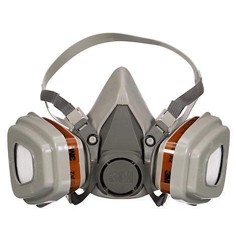 Respirateur 3M sur l'emballage. Masque gris, détails orange. Texte: Respirateur.