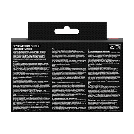 Emballage du produit avec un masque respiratoire 3M. Le masque est gris, avec des filtres orange et un bandeau noir.