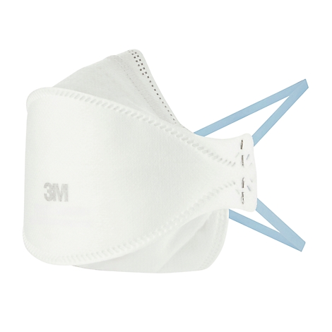 Masque respiratoire blanc, intérieur beige, avec des rayures bleues et des attaches.