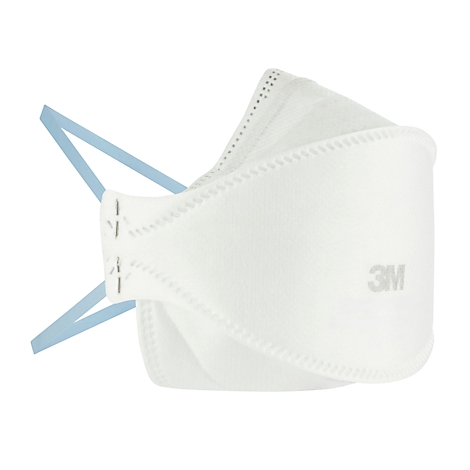 Masque respiratoire 3M Aura blanc sur emballage, un homme avec un masque à droite. Texte : FFP2, filtration des particules à 94 %.